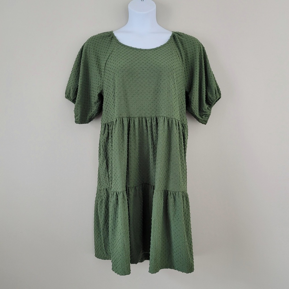 J.CREW Size XL Olive Green Short Sleeve Clip-Dot Tiered Babydoll Dress NWT BK512 - Picture 2 of 9